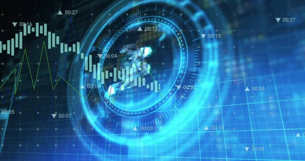 Image of nft symbol on rotating safe lock over financial data processing. global finance, cryptocurrency and business security concept digitally generated image.