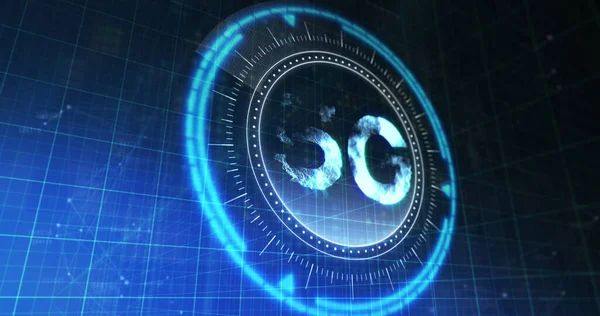 Image of 5g symbol on rotating safe lock and processing data. global business communication and data security concept digitally generated image.