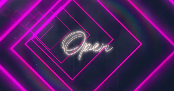 Image of pink neon geometrical shapes over open text. abstract, light, pattern and movement concept digitally generated image.