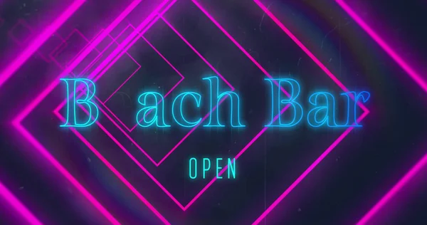 Image of pink neon geometrical shapes over beach bar open text. abstract, light, pattern and movement concept digitally generated image.