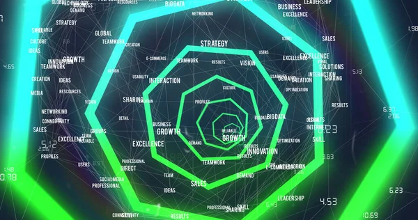 Afbeelding Van Blauwe Groene Neon Geometrische Vormen Netwerk Van Verbindingen — Stockfoto