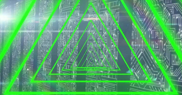 Veri Işleme Üzerine Yeşil Neon Geometrik Şekiller Soyut Işık Desen — Stok fotoğraf