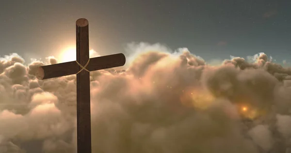 Imagen Cruz Luz Movimiento Sobre Cielo Con Nubes Religión Concepto —  Fotos de Stock