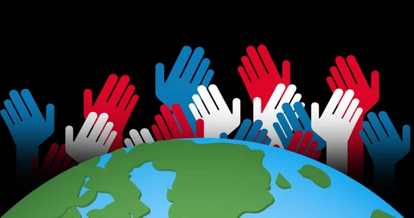 Wizerunek Białych Czerwonych Niebieskich Dłoni Nad Globusem Czarnym Tle Globalizacja — Zdjęcie stockowe