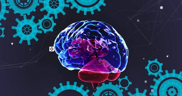 Image of brain rotating over navy background with dots and cogs. great ideas, mind and thinking concept digitally generated image.