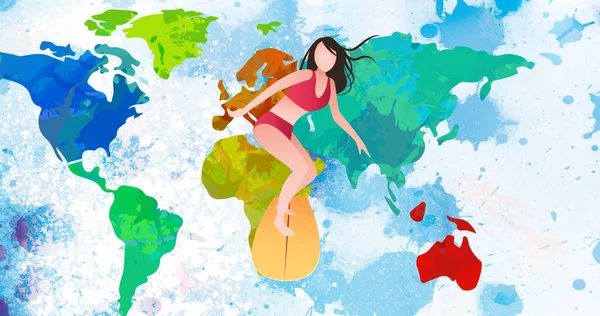 Image Cartoon Woman Surfboarding World Map White Background Blue Stains — Stock Photo, Image