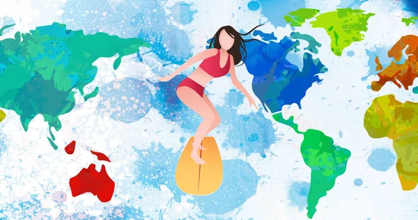 Mavi Lekeli Beyaz Arka Planda Dünya Haritasında Sörf Yapan Karikatür — Stok fotoğraf