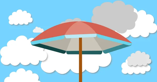 Image of umbrella over sky with moving clouds. holidays and vacations concept digitally generated image.