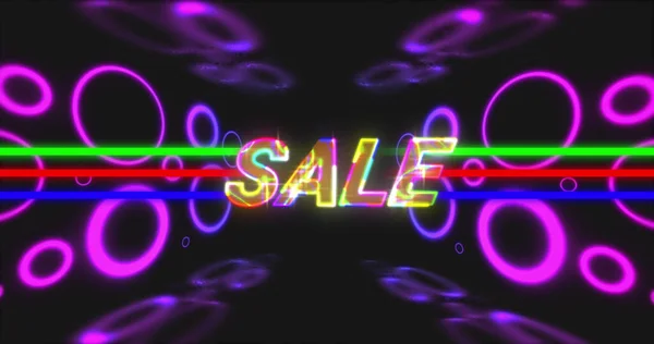 Obraz Sprzedaży Neonowych Kręgach Światła Czarnym Tle Handel Biznes Promocje — Zdjęcie stockowe