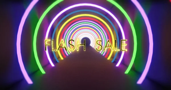 Image of flash sale over neon circles on black background. trade, business, promotions and sales concept digitally generated image.