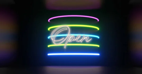 Kép Nyitott Neon Fények Fekete Háttér Kereskedelmi Üzleti Vásárlási Koncepció — Stock Fotó
