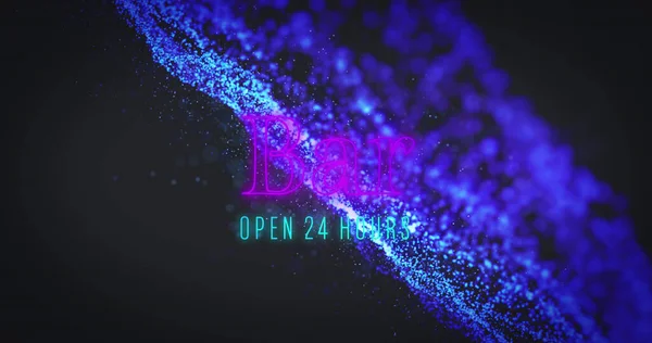 Image of bar open 24 hours and blue glitter on black background. colour, movement, communication and party concept digitally generated image.