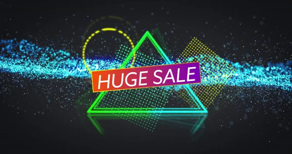 Image of huge sale, blue glitter and neon shapes on black background. trade, business, promotions and sales concept digitally generated image.