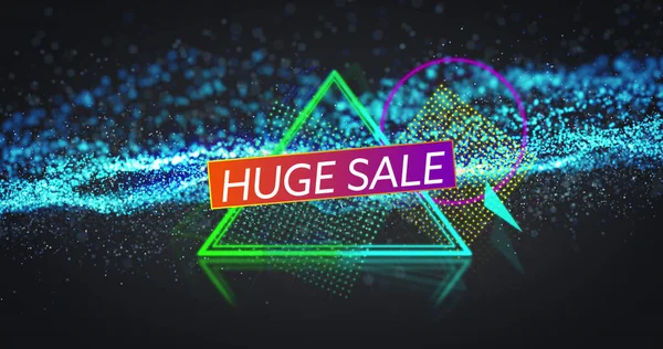 Image of huge sale, blue glitter and neon shapes on black background. trade, business, promotions and sales concept digitally generated image.