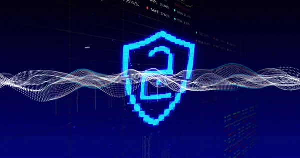 Image of waves and digital shield with padlock on navy background. data safety, communication and technology concept digitally generated image.