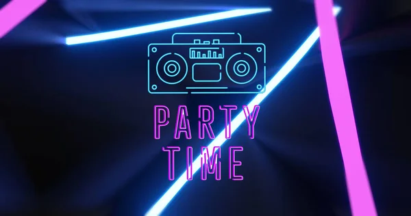 Image Party Time Radio Neon Shapes Black Background Colour Movement — Stock Photo, Image