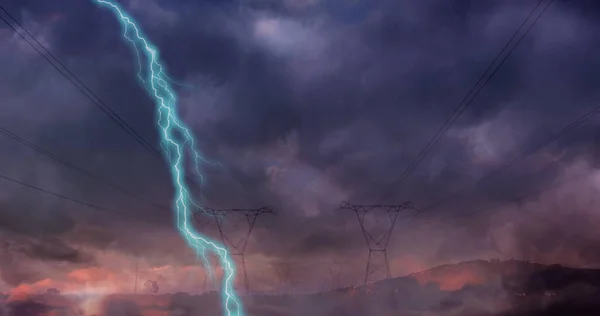 Image Storm Blue Lightnings Grey Clouds Electric Pylons Sustainability Climate — Stock Photo, Image