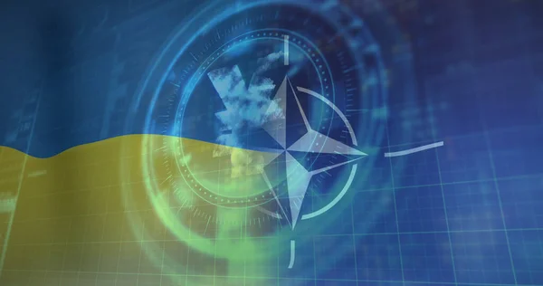 Afbeelding Van Scope Scanning Yen Symbool Vlaggen Van Ukraine Nato — Stockfoto
