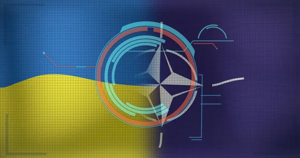 Изображение Цифрового Интерфейса Над Украинскими Натовскими Флагами Украинский Кризис Текущие — стоковое фото