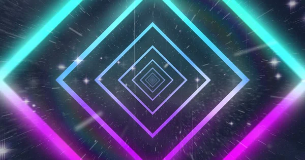 Parlayan yıldızların üzerindeki neon geometrik şekillerin resmi. soyut, ışık, desen ve hareket konsepti dijital olarak oluşturuldu.