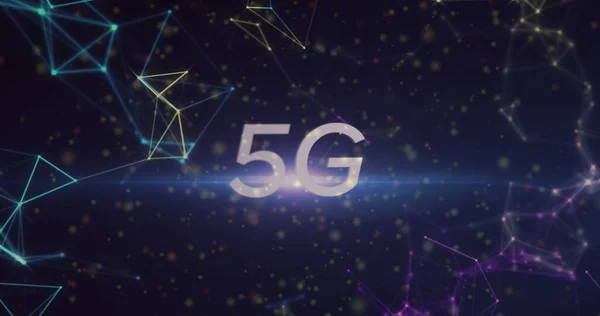 Image of 5g and shapes over navy background. colour, movement, technology and digital interface concept digitally generated image.