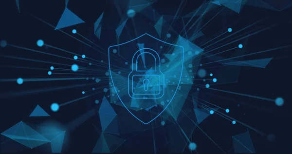 Image of digital shield with padlock over navy background with shapes. internet security, technology and digital interface concept digitally generated image.