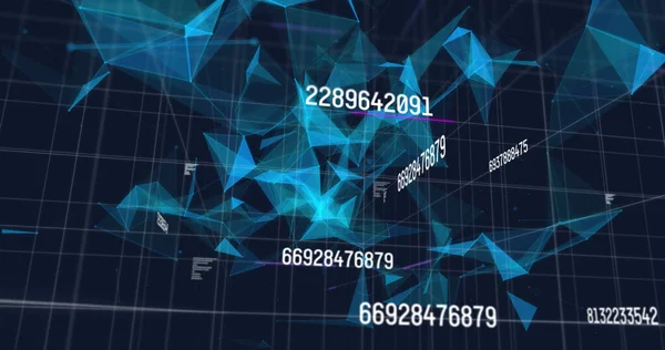 Image of numbers changing over navy background with shapes. network, technology and digital interface concept digitally generated image.