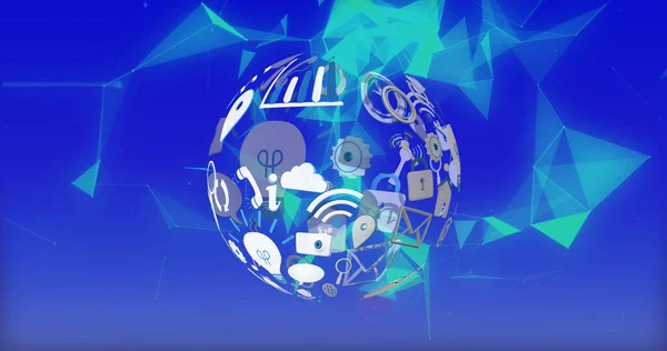 Afbeelding Van Globe Gemaakt Van Iconen Blauwe Achtergrond Met Vormen — Stockfoto