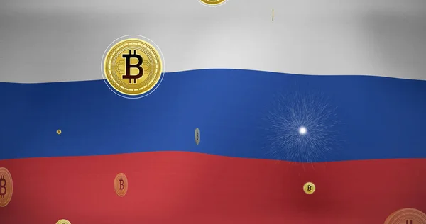 Εικόνα Από Σύμβολα Bitcoin Πάνω Από Σημαία Της Ρωσίας Ουκρανική — Φωτογραφία Αρχείου