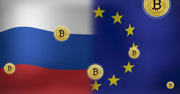 Rusya Dünya Bayrağı Üzerinde Bitcoin Sembolü Ukrayna Krizi Uluslararası Politika — Stok fotoğraf