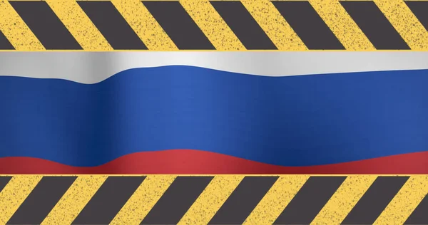 Afbeelding Van Waarschuwingstape Boven Russische Vlag Wereldwijde Verbindingen Gegevensverwerking Beveiligingsconcept — Stockfoto