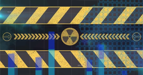 Image of warning tape over data processing. global connections, data processing and security concept digitally generated image.