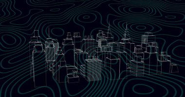İzohipslerle siyah zemin üzerinde dönen metaevren şehir görüntüsü. renk, hareket teknolojisi ve dijital arayüz kavramı dijital olarak oluşturuldu.