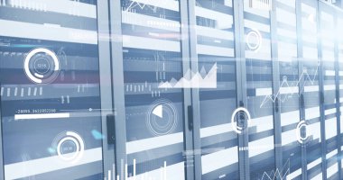 Sunucu odasında veri işleme resmi. küresel iş ve dijital arayüz kavramı dijital olarak oluşturulmuş görüntü.