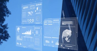 Şehir manzarası üzerinde veri işleme resmi. küresel iş ve dijital arayüz kavramı dijital olarak oluşturulmuş görüntü.