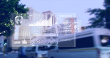 Şehir manzarası üzerinde veri işleme resmi. küresel iş ve dijital arayüz kavramı dijital olarak oluşturulmuş görüntü.