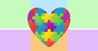 Hareket eden karelerle arkaplandaki rengarenk bulmacalardan yapılmış kalp resmi. Ulusal bulmaca günü ve düşünme konsepti dijital olarak oluşturulmuş görüntü.