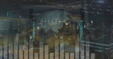 Şehir manzarası üzerinde veri işleme resmi. global spor, bağlantılar ve dijital arayüz konsepti dijital olarak oluşturulmuş görüntü.