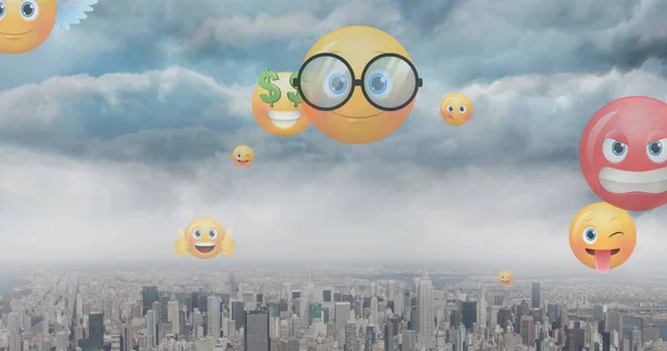 Εικόνα Εικονιδίων Emoji Πάνω Από Αστικό Τοπίο Παγκόσμια Έννοια Των — Φωτογραφία Αρχείου