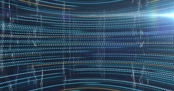 Image of data processing over navy background with yellow and green lights. colour, movement and digital interface concept digitally generated image.