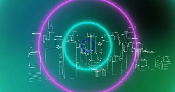 Afbeelding Van Neon Cirkels Metaverse Stad Groene Achtergrond Kleur Beweging — Stockfoto