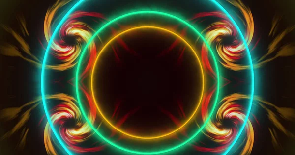 Obrázek Spirálních Plamenů Neonových Kruhů Černém Pozadí Koncepce Stínů Vzorů — Stock fotografie