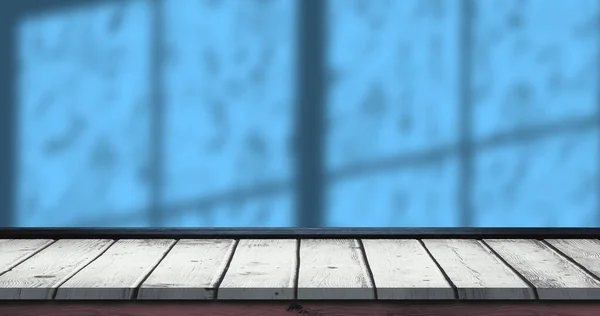 Bild Von Blättern Und Fensterschatten Über Blauem Und Hölzernem Hintergrund — Stockfoto