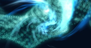 Siyah arkaplanda dönen mavi ve yeşil şekillerin görüntüsü. gölge, desen ve renk konsepti dijital olarak oluşturulmuş görüntü.