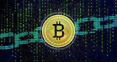 Bitcoin sembolü resmi ve yeşil harflerle siyah zemin üzerinde blok zinciri. ekonomi, finans, dijital para birimi ve teknoloji konsepti dijital olarak oluşturulmuş görüntü.