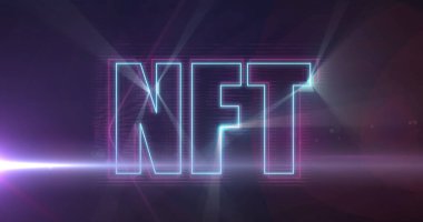 Işık ve mor arkaplan üzerinde nft resmi. dijital kaynaklar ve teknoloji konsepti dijital olarak oluşturulmuş görüntü.