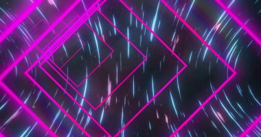 Siyah arkaplan üzerinde hareket eden ışıklarla neon mor kareler. renk, şekil ve hareket konsepti dijital olarak oluşturulmuş görüntü.