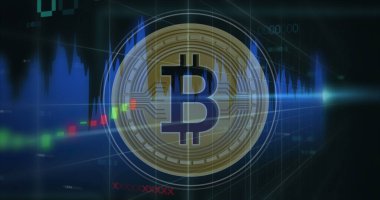 Bitcoin sembolü üzerinde veri işleme resmi. küresel iş, finans, bağlantılar ve dijital arayüz konsepti dijital olarak oluşturulmuş görüntü.