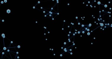 Siyah arkaplanda dönen bitcoin sembollü mavi bağlantı ağının resmi. küresel kripto para birimi, iş dünyası, ağlar ve dijital olarak oluşturulmuş görüntü konsepti.