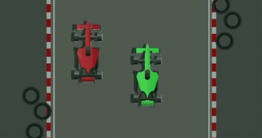 Hareket halindeki caddelerde yarışan arabaların görüntüsü. resim oyunu, araba yarışı ve dijital arayüz konsepti dijital olarak oluşturulmuş görüntü.